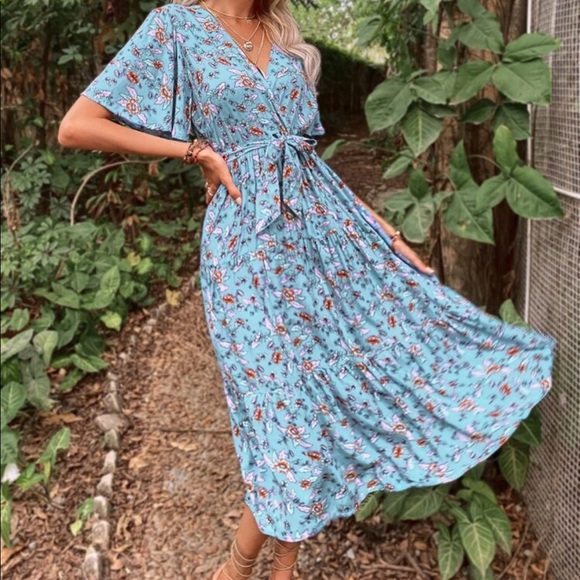 Boho floral ruffle hem belted dress - Picture 5 of 14
